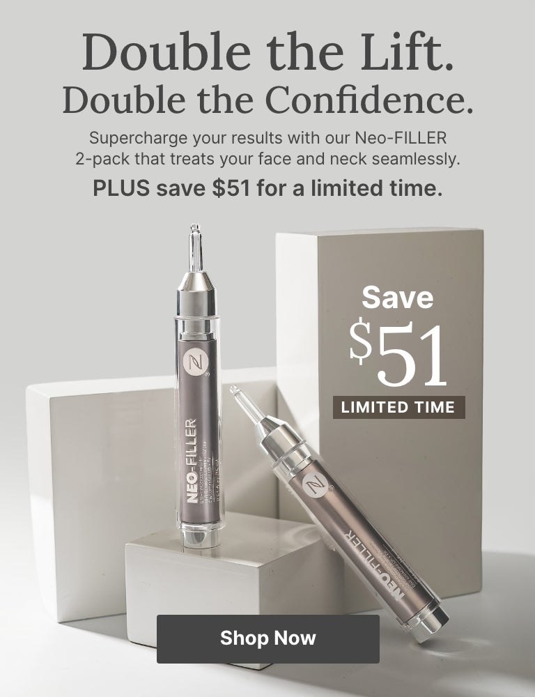 Two Neo-FILLER tubes displayed on white blocks with text reading, “Double the Lift. Double the Confidence.” It highlights a 2-pack with a limited-time $51 savings offer and a “Shop Now” button.